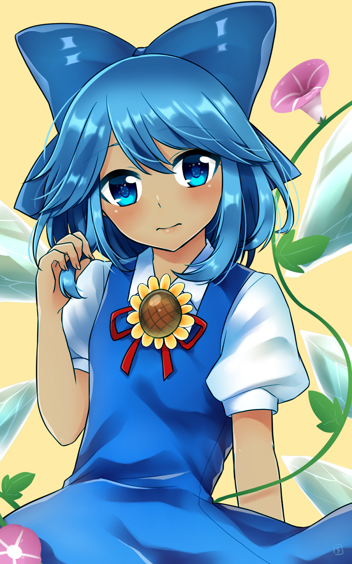 blue_dress blue_eyes blue_hair blush cirno dress flower hidden_star_in_four_seasons holding holding_hair ice ice_wings leaf looking_at_viewer mio1030 plant sunflower tan touhou vines wings