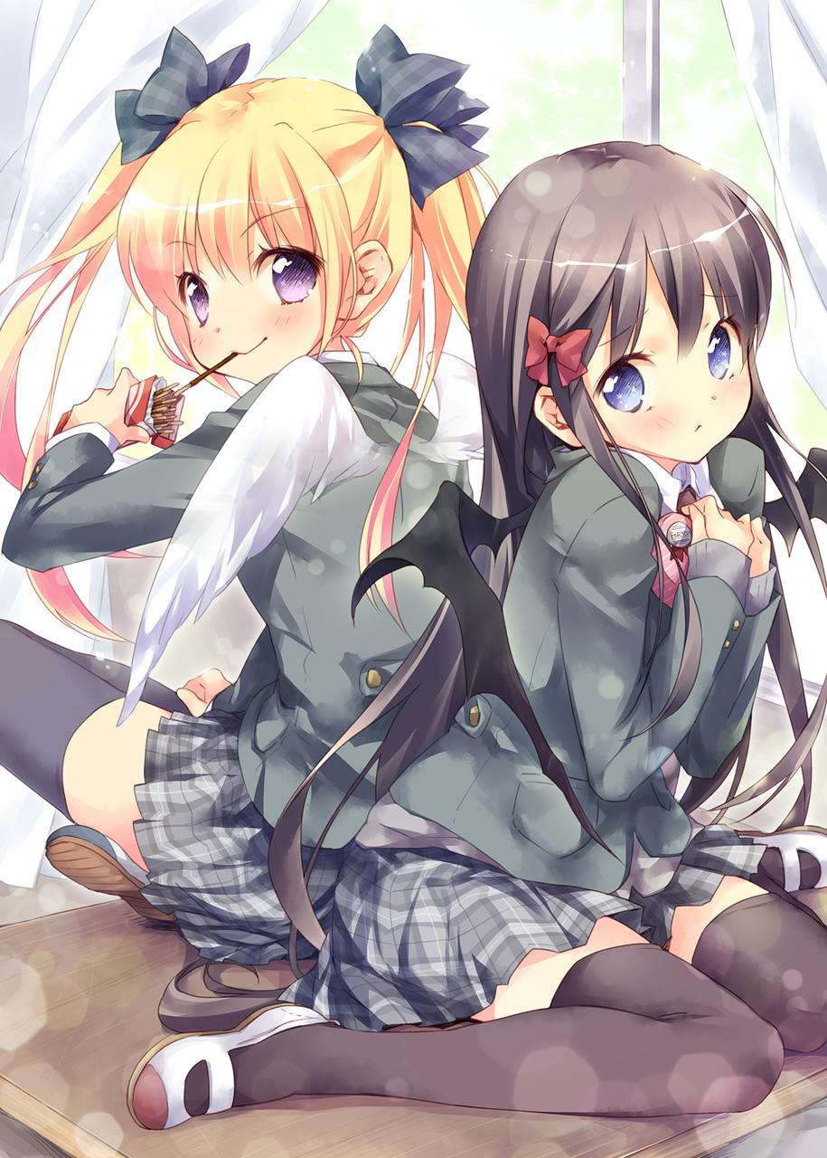 2girls angel angel_and_devil angel_wings black_legwear blazer blonde_hair blue_eyes bow box brown_hair demon_girl demon_wings desk ech food gift gift_box hair_bow highres indian_style jacket knees_together_feet_apart long_hair looking_at_viewer looking_back mouth_hold multiple_girls object_hug on_desk original plaid plaid_skirt pocky school_uniform shirt shoes sitting skirt smile thigh-highs twintails uwabaki very_long_hair violet_eyes wariza wings zettai_ryouiki