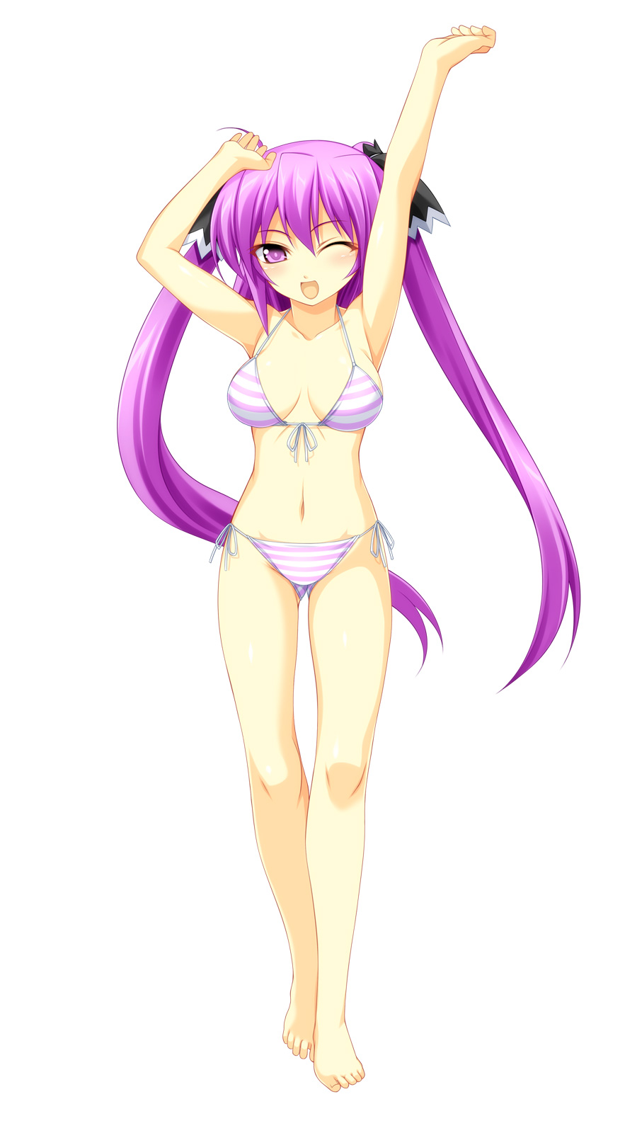1girl armpits arms_up bangs bare_legs bare_shoulders barefoot beatmania beatmania_iidx bikini eyebrows_visible_through_hair highres kinoshita_ichi long_hair looking_at_viewer mizushiro_celica navel one_eye_closed open_mouth purple_hair side_ponytail simple_background smile solo striped striped_bikini swimsuit twintails violet_eyes white_background