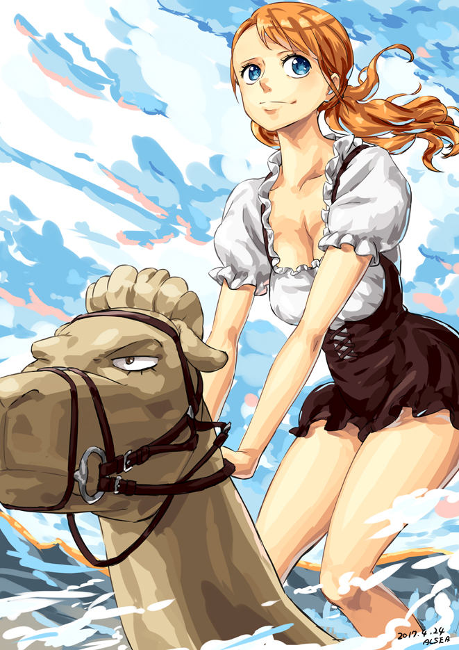 1girl alsea animal artist_name bare_arms bare_legs blouse blue_eyes bodice breasts camel cleavage clouds cloudy_sky cross-laced_clothes dated day dirndl frills german_clothes looking_afar looking_to_the_side medium_breasts nami_(one_piece) no_pants one_piece orange_hair puffy_short_sleeves puffy_sleeves riding short_sleeves sky smile snout solo standing swimming twintails water white_blouse