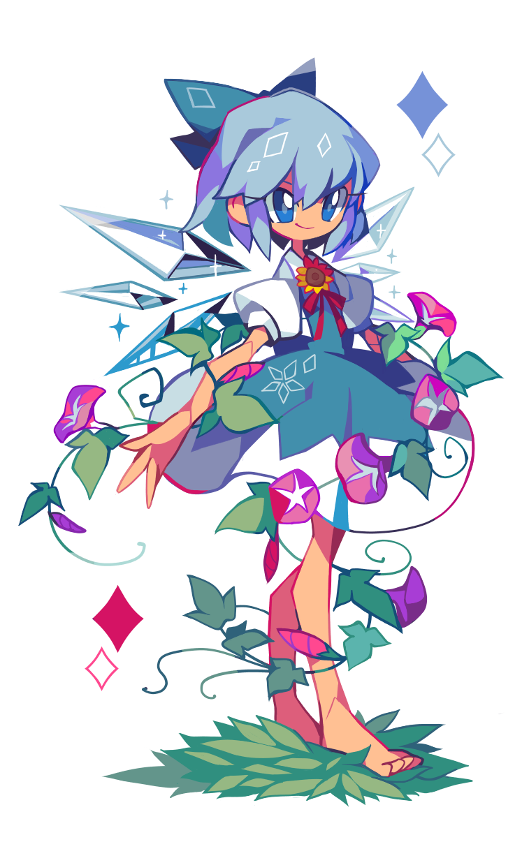 1girl amakusa barefoot blue_bow blue_dress blue_eyes blue_hair bow cirno dress flower from_side grass hair_bow hidden_star_in_four_seasons highres ice ice_wings neck_ribbon plant red_ribbon ribbon short_hair short_sleeves simple_background solo sparkle standing sunflower tan touhou vines white_background wings