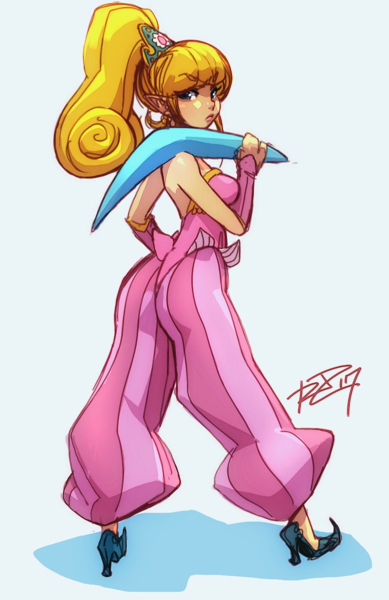 1girl armor bangs blonde_hair boomerang eyebrows_visible_through_hair from_behind full_body harem_pants high_heels highres japanese_armor kote leotard long_hair over_shoulder pants pointy_ears pointy_shoes ponytail purim robert_porter seiken_densetsu seiken_densetsu_2 shoes signature sketch solo striped vertical-striped_pants vertical_stripes weapon weapon_over_shoulder