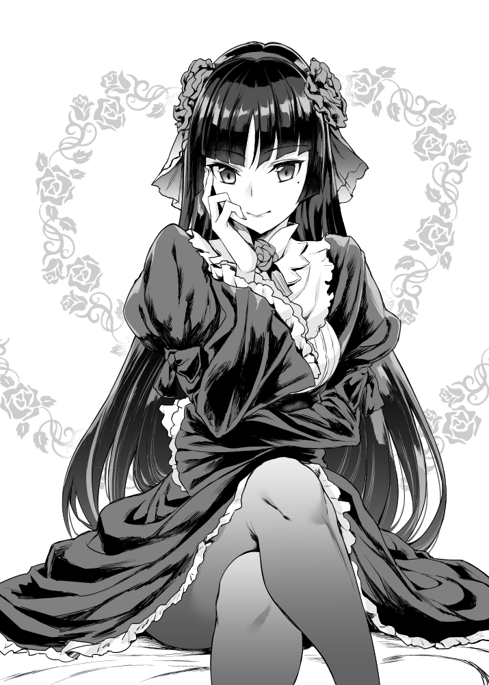 1girl black_hair black_legwear commentary_request dress fingernails flower gokou_ruri gothic_lolita hime_cut legs_crossed lolita_fashion long_hair looking_at_viewer mole mole_under_eye mushi024 older ore_no_imouto_ga_konna_ni_kawaii_wake_ga_nai pantyhose rose simple_background sitting solo stenciled_rose