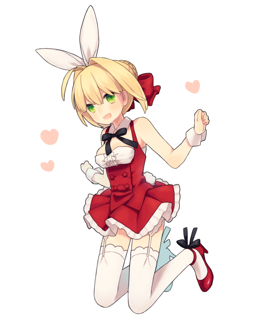 1girl animal_ears blonde_hair blush breasts bunny_tail cleavage dress fate/extra fate_(series) full_body garter_straps green_eyes hair_intakes hair_ribbon high_heels jumping medium_breasts munuko open_mouth rabbit_ears red_dress ribbon saber_extra smile solo tail thigh-highs underbust white_legwear wrist_cuffs