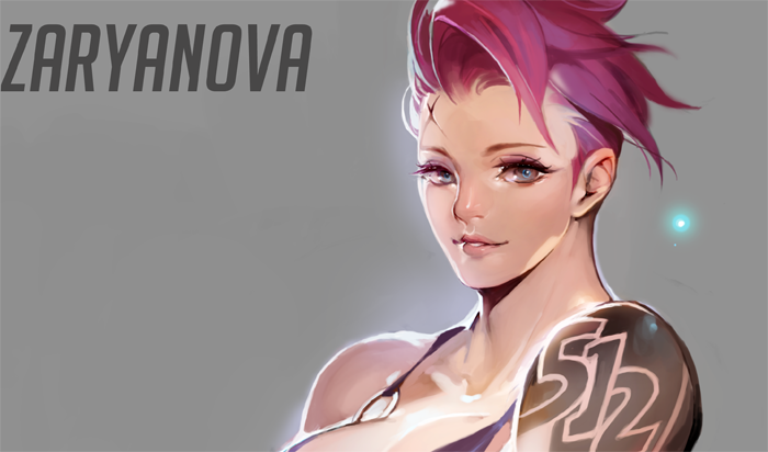 1girl akito1179 arm_tattoo bare_shoulders bikini blue_eyes breasts character_name cleavage collarbone eyelashes eyeliner eyeshadow grey_background large_breasts lips looking_at_viewer makeup mascara nose overwatch parted_lips pink_hair scar short_hair simple_background smile solo swimsuit tattoo upper_body zarya_(overwatch)