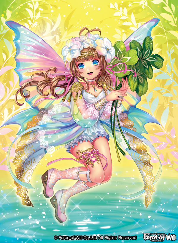 1girl blue_eyes brown_hair clover copyright_name curly_hair fairy_wings flower force_of_will full_body hair_flower hair_ornament jewelry leaf long_hair low_twintails matsurika_youko necklace official_art open_mouth solo sparkle twintails water wings