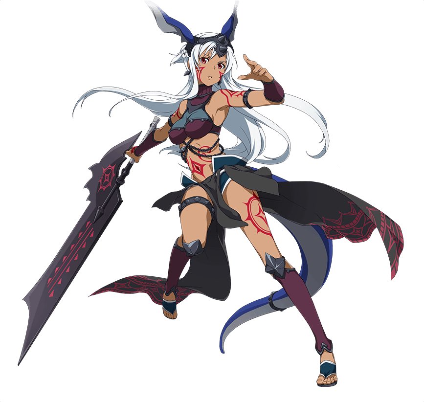 armpits breasts breasts_apart brown_eyes character_request cleavage dark_skin facial_mark feet floating_hair full_body hair_ornament holding holding_weapon kneehighs long_hair medium_breasts one_leg_raised simple_background solo standing sword_art_online tail tattoo toeless_legwear toes very_long_hair weapon white_background white_hair