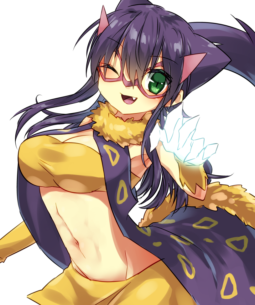 1girl bad_hands bazumi breasts cleavage fang glasses green_eyes groin liepard long_hair looking_at_viewer medium_breasts midriff navel one_eye_closed open_mouth personification pokemon purple_hair smile solo