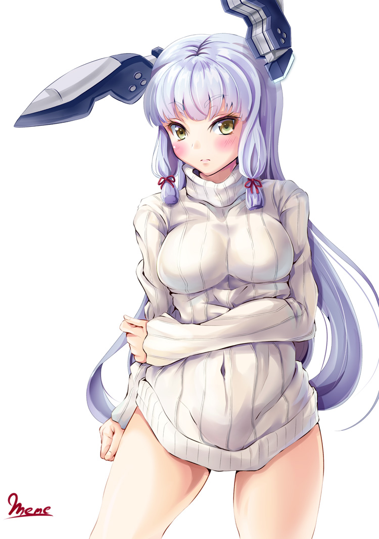 1girl arm_grab bangs blunt_bangs breasts cowboy_shot dress eyebrows_visible_through_hair hair_ribbon headgear impossible_clothes kantai_collection long_hair looking_at_viewer medium_breasts murakumo_(kantai_collection) ribbed_sweater ribbon sailor_dress short_eyebrows sidelocks silver_hair sweater sweater_dress tress_ribbon turtleneck turtleneck_sweater yellow_eyes yumibakama_meme