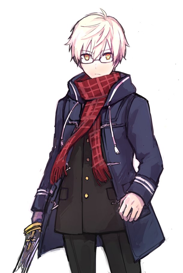 1boy black-framed_eyewear cowboy_shot dark_persona fate/grand_order fate/prototype fate_(series) gakuran genderswap genderswap_(ftm) glasses heroine_x heroine_x_(alter) jacket looking_at_viewer male_focus plaid plaid_scarf red_scarf saber saber_(fate/prototype) sakuharu_(hkhkbn) scarf school_uniform semi-rimless_glasses short_hair simple_background solo sword under-rim_glasses weapon white_background white_hair yellow_eyes