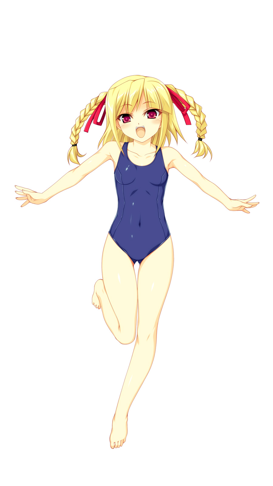 1girl bangs bare_legs bare_shoulders barefoot beatmania beatmania_iidx blonde_hair braid breasts collarbone eyebrows_visible_through_hair full_body hair_ribbon highres kinoshita_ichi leg_up one-piece_swimsuit open_mouth red_eyes ribbon simple_background small_breasts smile solo swimsuit twin_braids white_background xiatian_(beatmania_iidx)