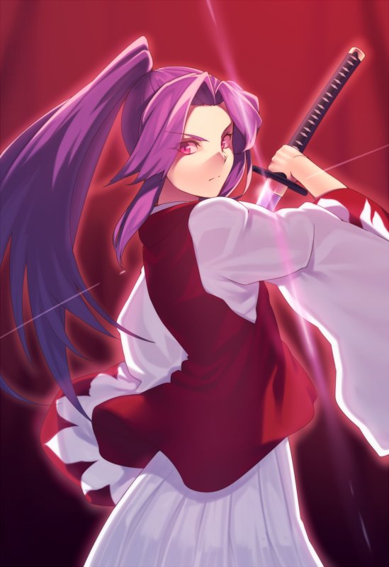 &gt;:( 1girl cowboy_shot from_side glint high_ponytail holding holding_sword holding_weapon japanese_clothes kaiza_(rider000) katana kimono long_hair long_sleeves looking_at_viewer looking_to_the_side meira pink_eyes ponytail purple_hair sheath solo sword touhou touhou_(pc-98) unsheathing weapon wide_sleeves