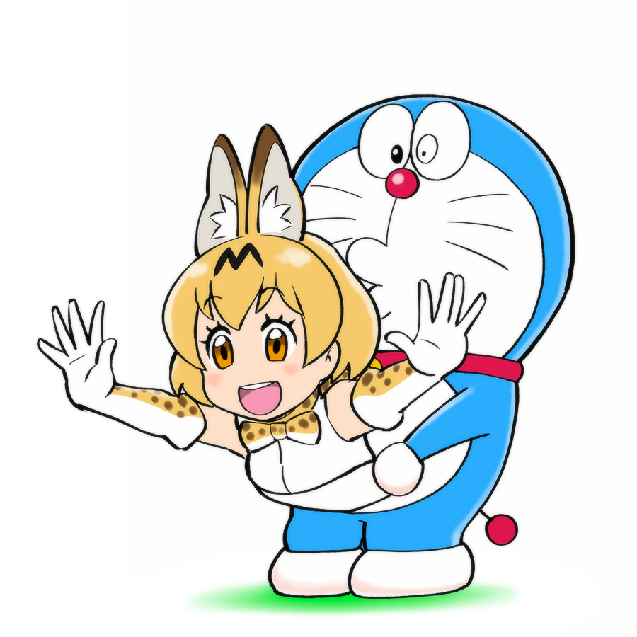 animal_ears bow bowtie crossover doraemon doraemon_(character) elbow_gloves fur_collar gloves kemono_friends o_0 serval_(kemono_friends) serval_ears serval_print shirt short_hair sleeveless sleeveless_shirt ueyama_michirou whisker_markings