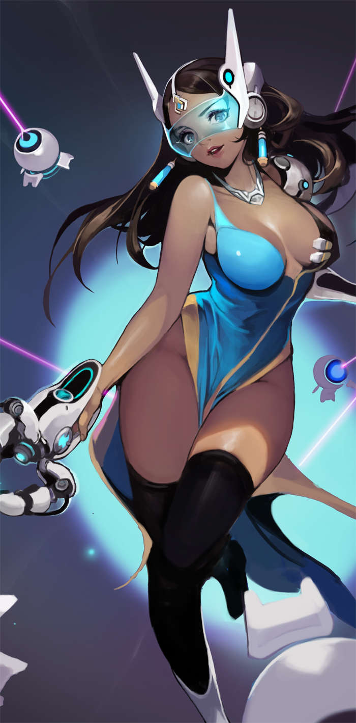 1girl adapted_costume akito1179 black_hair black_legwear breasts brown_eyes brown_hair dark_skin dress earrings forehead_jewel headgear highres jewelry lips long_hair looking_at_viewer mechanical_arm medium_breasts necklace open_mouth overwatch sleeveless sleeveless_dress smile solo symmetra_(overwatch) thigh-highs visor