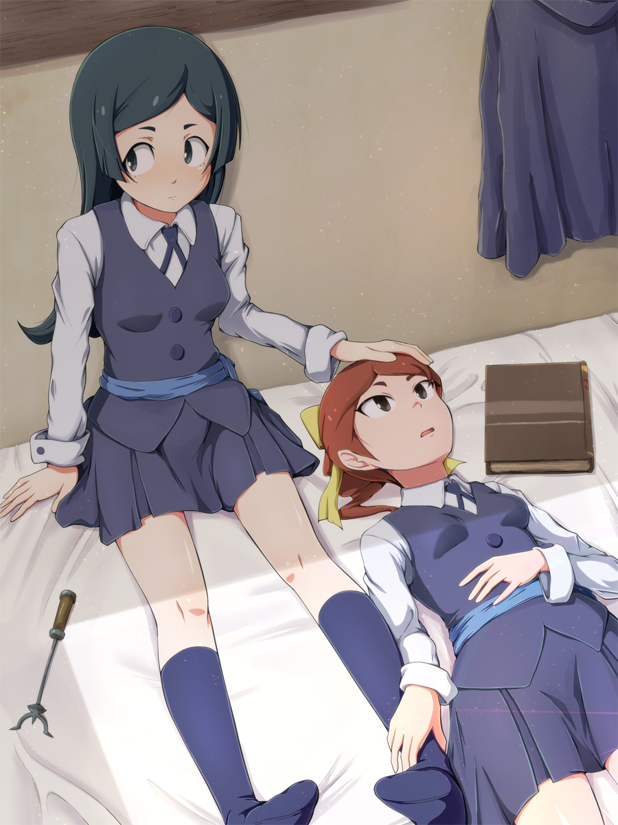 2girls against_wall barbara_(little_witch_academia) bed bed_sheet bedroom black_eyes black_hair book breasts brown_eyes brown_hair feet full_body hair_ribbon hand_on_another's_head hand_on_another's_leg hands_on_feet hanna_(little_witch_academia) highres little_witch_academia long_hair looking_to_the_side lying multiple_girls no_shoes on_back on_bed oshiza pleated_skirt ponytail ribbon school_uniform sitting skirt small_breasts socks wand yellow_ribbon yuri