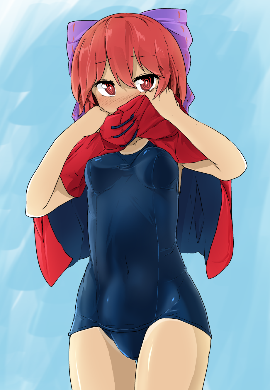 1girl blue_bow blush bow cloak embarrassed hair_bow highres red_cloak red_eyes redhead school_swimsuit sekibanki short_hair solo swimsuit touhou turtleneck tyouseki