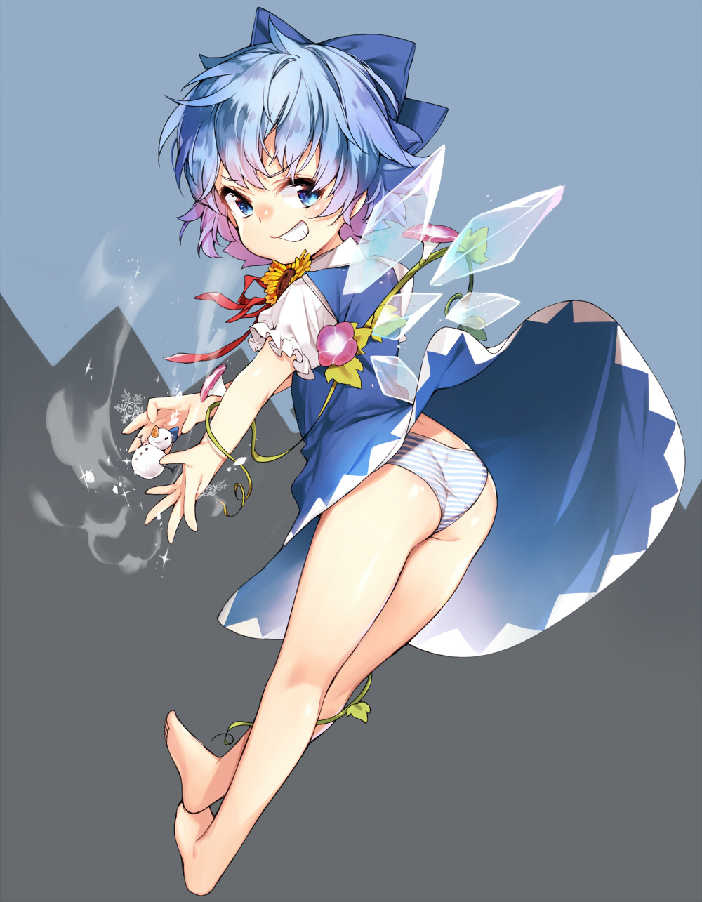 1girl ass bare_legs barefoot blue_eyes blue_hair bow cirno dress flower from_behind full_body grin hair_bow highres looking_back panties ribbon short_hair simple_background smile snowman solo striped striped_panties sunflower takotsu touhou underwear wings