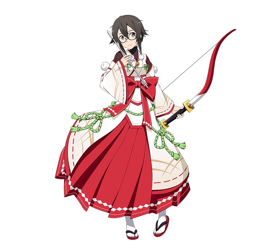 2girls arrow asada_shino black_eyes black_hair bow_(weapon) full_body glasses hair_between_eyes hakama head_tilt holding holding_arrow holding_weapon japanese_clothes looking_at_viewer multiple_girls nontraditional_miko red_hakama ribbon-trimmed_sleeves ribbon_trim short_hair_with_long_locks sidelocks simple_background smile solo standing sword_art_online weapon white_background white_hakama white_legwear