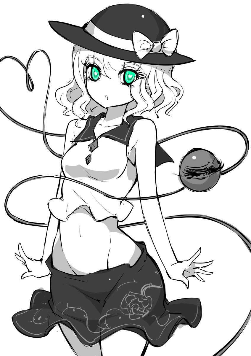 1girl bare_shoulders bow breasts collarbone cowboy_shot crop_top eyeball floral_print green_eyes hat hat_bow hat_ribbon heart heart-shaped_pupils heart_of_string highres komeiji_koishi looking_at_viewer midriff miniskirt navel parted_lips raptor7 ribbon sailor_collar short_hair skirt sleeveless small_breasts solo spot_color string symbol-shaped_pupils tank_top third_eye touhou wavy_hair wide_hips