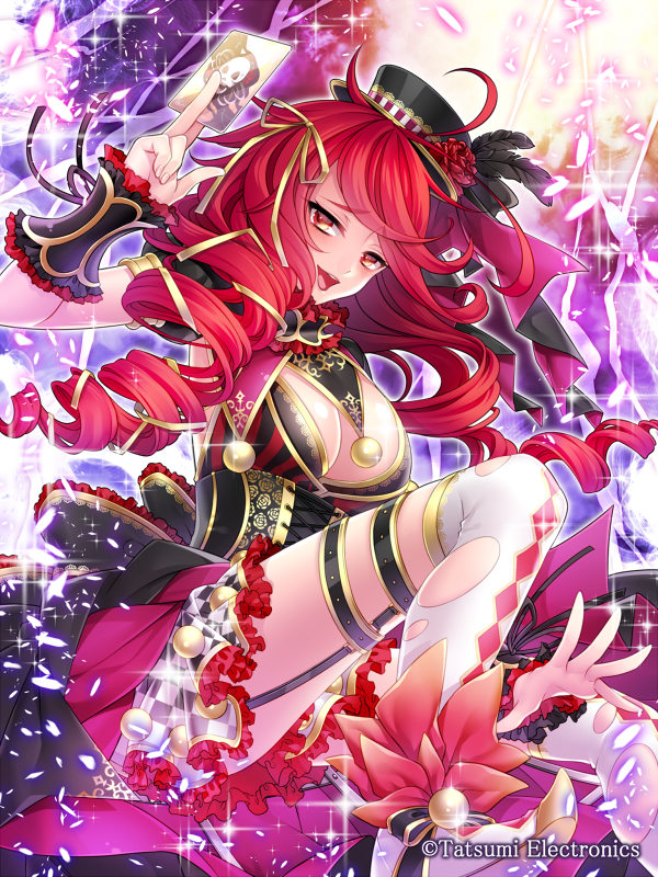 1girl :d ahoge bad_proportions black_hat bow breasts card checkered checkered_skirt cleavage company_name demono_crusade drill_hair frills garter_straps hat hat_bow hat_feather holding holding_card large_breasts long_hair looking_at_viewer official_art open_hand open_mouth red_eyes redhead sitting skirt smile solo takamiya_ren thigh-highs twin_drills white_legwear