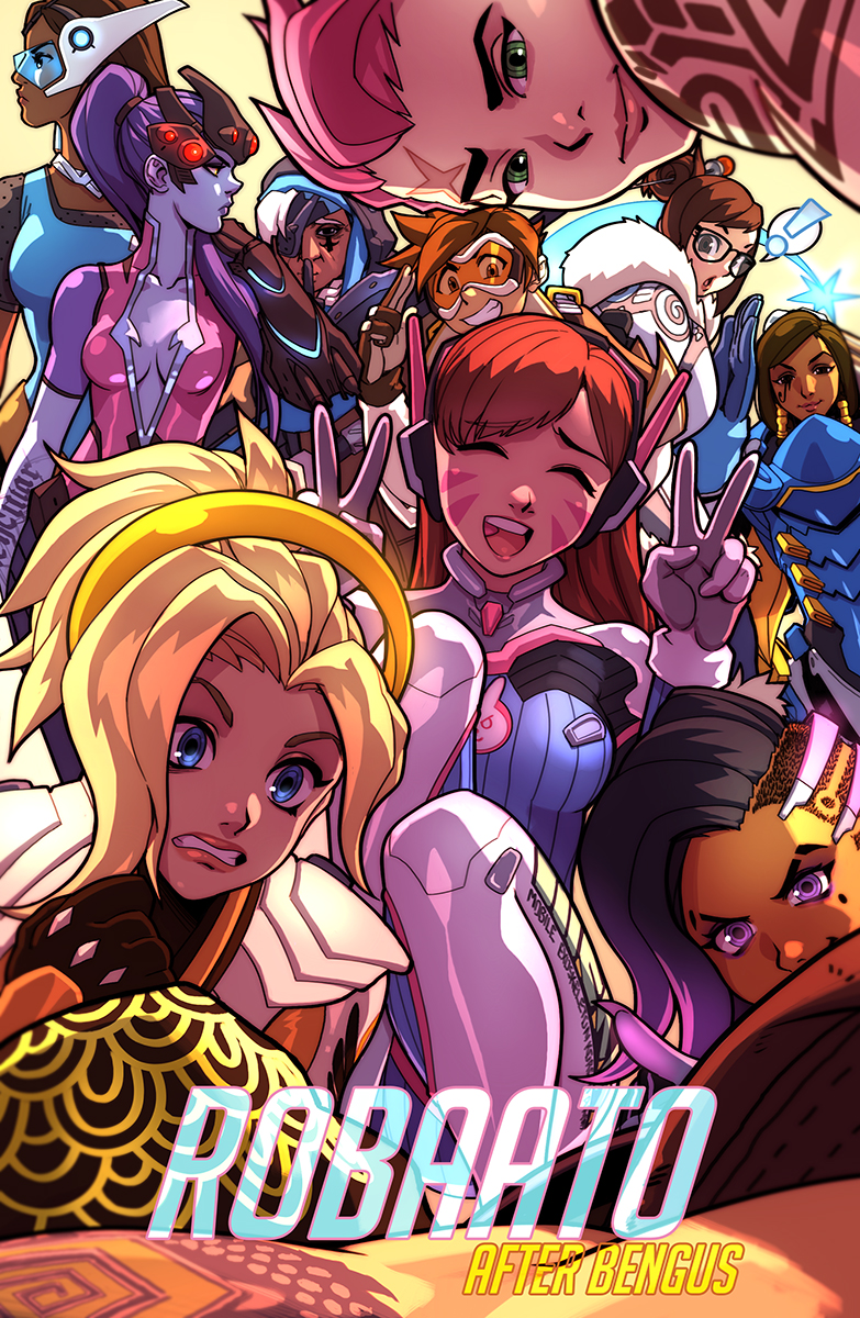 6+girls ^_^ ana_(overwatch) artist_name blonde_hair blue_eyes bodysuit brown_hair center_opening closed_eyes commentary d.va_(overwatch) dark_skin derivative_work double_v eyepatch finger_to_mouth glasses goggles green_eyes hanzo_(overwatch) headphones highres mechanical_halo mei_(overwatch) mercy_(overwatch) mole mole_under_eye multiple_girls one-eyed overwatch pharah_(overwatch) pink_hair pov power_armor purple_hair purple_skin robert_porter scar shushing sombra_(overwatch) symmetra_(overwatch) tracer_(overwatch) v visor widowmaker_(overwatch) zarya_(overwatch)