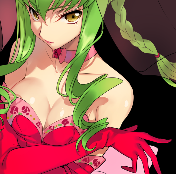 1girl alternate_costume alternate_hairstyle bangs bare_shoulders black_background braid breasts c.c. code_geass collarbone creayus dress drill_hair elbow_gloves eyebrows_visible_through_hair floral_print from_above gloves green_hair hair_tie lips long_hair looking_at_viewer looking_up medium_breasts parted_lips pink_choker pink_lips red_dress red_gloves see-through shiny shiny_hair shiny_skin sidelocks simple_background single_braid smile solo strapless strapless_dress tsurime upper_body veil yellow_eyes