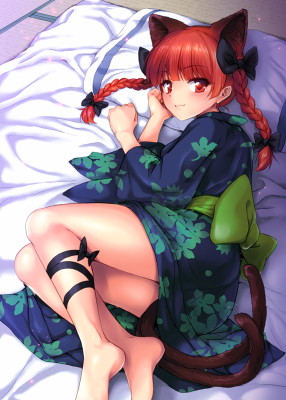 1girl :3 alternate_costume animal_ears bangs bare_legs barefoot black_bow blunt_bangs blush bow braid cat_ears cat_tail closed_mouth eyebrows_visible_through_hair feet fetal_position floral_print from_above futon green_bow hair_bow hand_on_own_cheek indoors japanese_clothes kaenbyou_rin kimono large_bow leg_ribbon light_particles long_hair long_sleeves looking_at_viewer looking_up lying marugoshi_(54burger) multiple_tails nekomata on_side pillow red_eyes redhead ribbon sash shiny shiny_skin solo tail tatami touhou twin_braids two_tails wide_sleeves