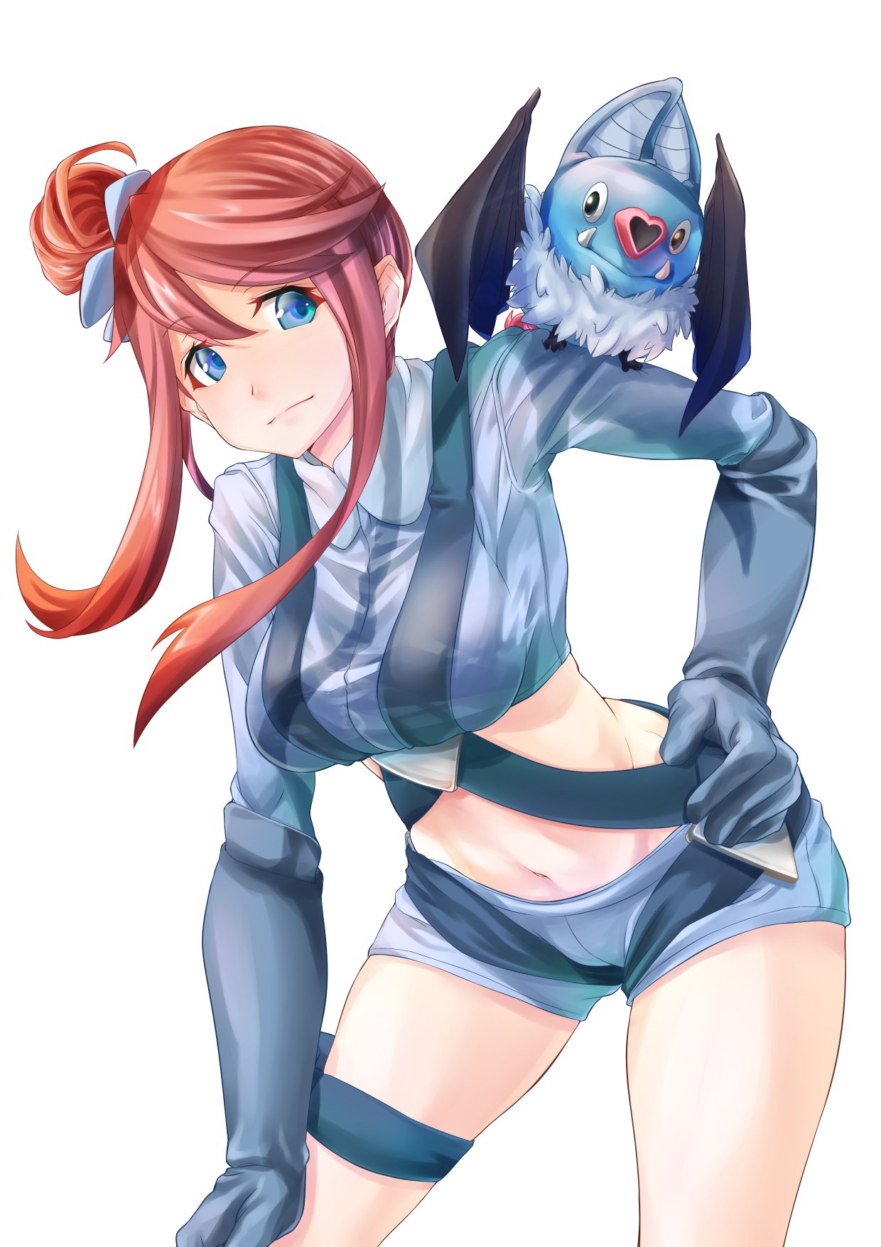 1girl animal animal_on_shoulder bangs black_gloves blue_eyes blue_shirt blue_shorts breasts closed_mouth contrapposto cowboy_shot crop_top elbow_gloves fuuro_(pokemon) gloves gym_leader hair_ornament hand_on_hip highres large_breasts light_smile long_hair long_sleeves looking_at_viewer pokemon pokemon_(creature) pokemon_(game) pokemon_bw redhead shio_pasta shirt short_shorts shorts side_bun sidelocks solo stomach swept_bangs thigh_strap