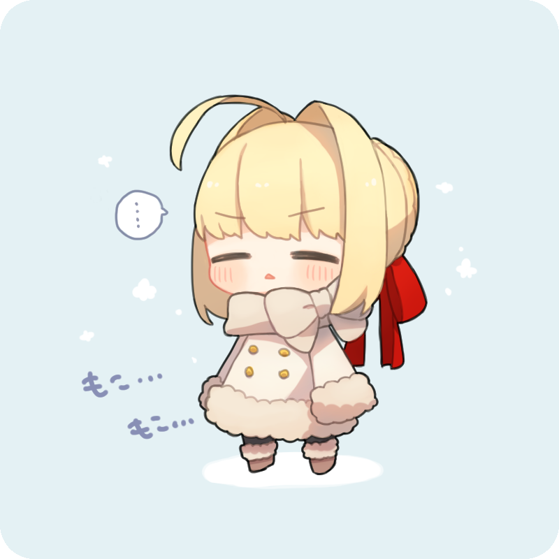 ... 1girl :&lt; ahoge blonde_hair blush chibi coat fate/extra fate_(series) hair_intakes hair_ribbon munuko ribbon saber_extra snow solo triangle_mouth