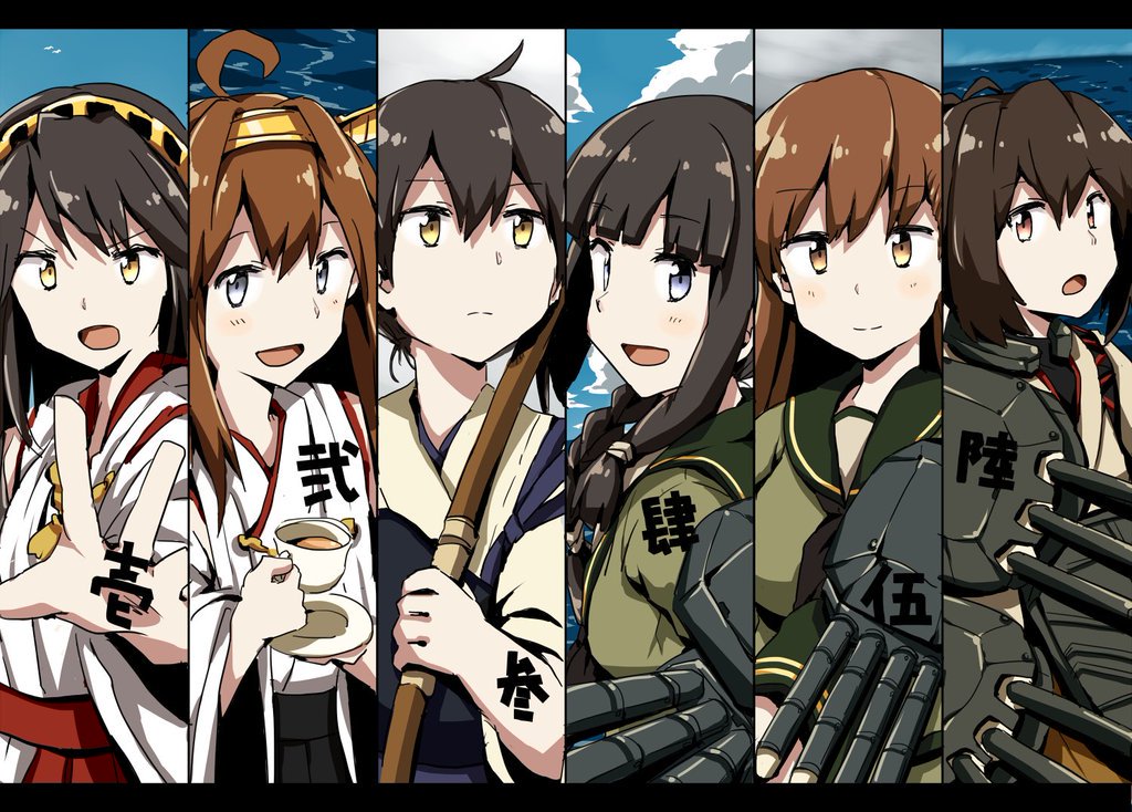 6+girls ahoge any_(lucky_denver_mint) bare_shoulders black_hair blue_eyes blush bodysuit bow_(weapon) braid brown_eyes brown_hair clouds cup detached_sleeves hair_between_eyes hair_over_shoulder hairband hakama_skirt haruna_(kantai_collection) headgear hip_vent holding holding_cup ise_(kantai_collection) japanese_clothes kaga_(kantai_collection) kantai_collection kimono kitakami_(kantai_collection) kongou_(kantai_collection) long_hair long_sleeves looking_at_viewer machinery multiple_girls muneate nontraditional_miko ocean ooi_(kantai_collection) plate rigging school_uniform serafuku sidelocks single_braid sky tasuki teacup torpedo translated weapon