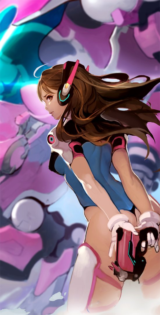 1girl adapted_costume akito1179 arm_cannon arms_behind_back ass blue_leotard boots bracer breasts brown_eyes brown_hair closed_mouth d.va_(overwatch) erect_nipples finger_on_trigger from_behind gatling_gun gloves gun headphones highleg highleg_leotard holding holding_gun holding_weapon legs_apart leotard lips long_hair looking_at_viewer looking_back mecha medium_breasts meka_(overwatch) nose overwatch pauldrons shoulder_blades shoulder_pads skin_tight solo thigh-highs thigh_boots thigh_strap thong thong_leotard weapon white_boots white_gloves