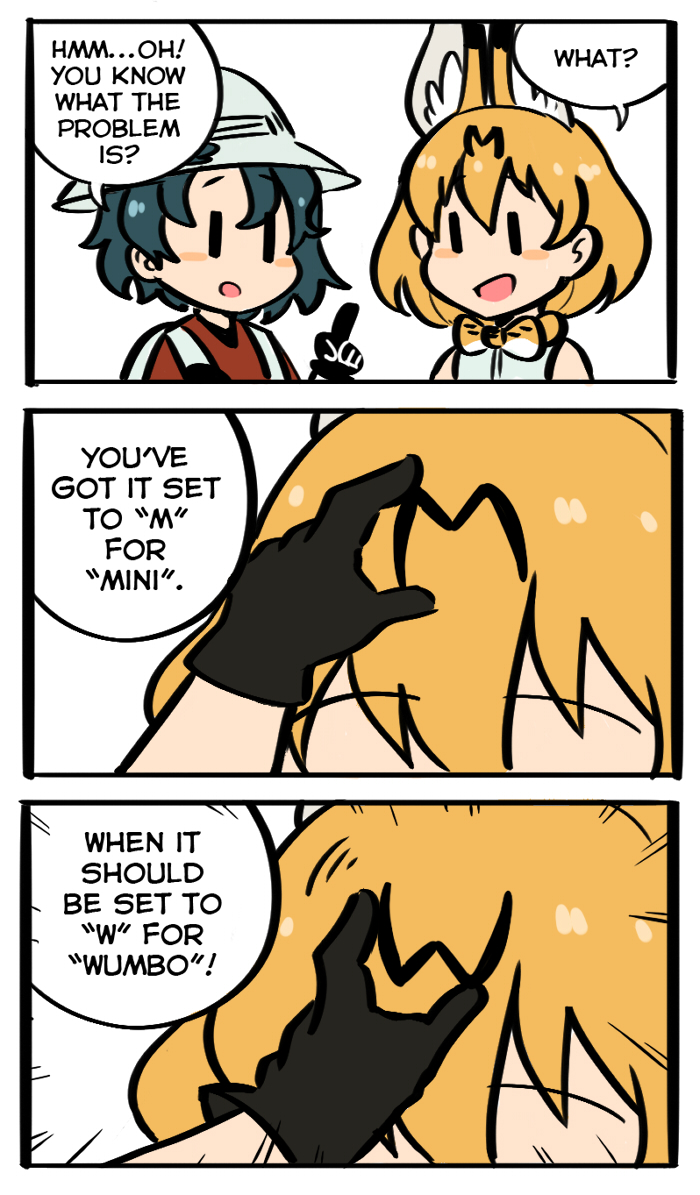 2girls 3koma ange animal_ears bag black_gloves blush_stickers comic english gloves hat kaban_(kemono_friends) kemono_friends multiple_girls parody serval_(kemono_friends) serval_ears serval_print speech_bubble spongebob_squarepants text