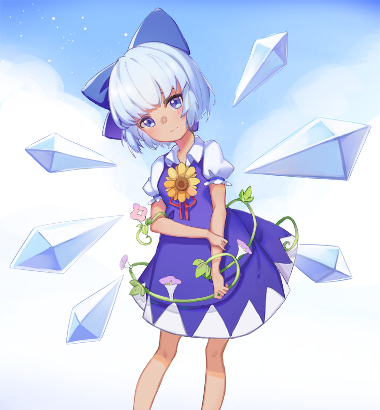 1girl blue_bow blue_dress blue_eyes blue_hair blue_sky bow cirno commentary_request cowboy_shot dress flower hair_bow hand_on_own_arm head_tilt hidden_star_in_four_seasons hummingbird_(artist) ice ice_wings looking_at_viewer morning_glory pink_flower puffy_short_sleeves puffy_sleeves short_sleeves sky smile solo tan touhou wings yellow_flower