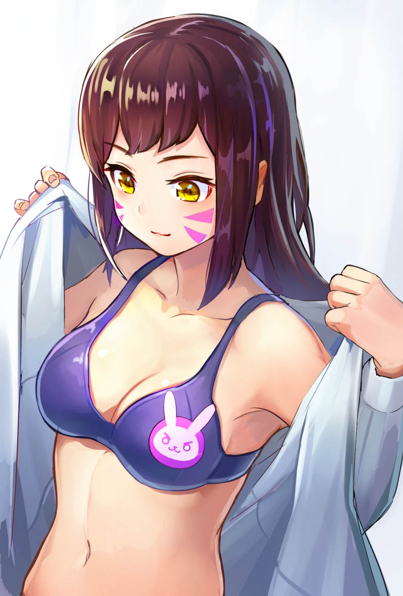 +15 1girl :3 animal_print bangs blue_bra bra breasts brown_eyes brown_hair bunny_print casual cleavage collarbone commentary_request d.va_(overwatch) eyebrows_visible_through_hair facepaint facial_mark light_smile long_hair long_sleeves medium_breasts navel overwatch shirt simple_background solo swept_bangs underwear undressing upper_body whisker_markings white_background white_shirt