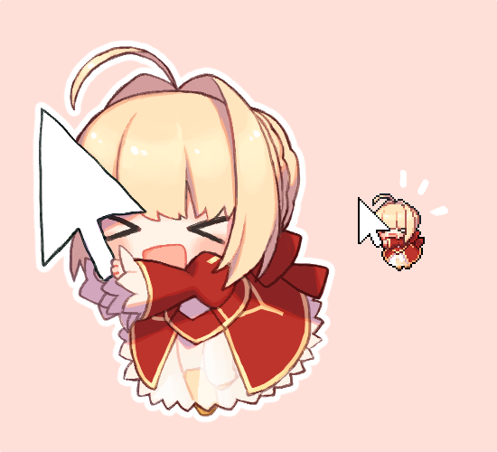 &gt;_&lt; 1girl :d ahoge blonde_hair blush chibi closed_eyes cursor dress fate/extra fate_(series) hair_intakes munuko open_mouth pixel_art red_dress saber_extra smile solo xd