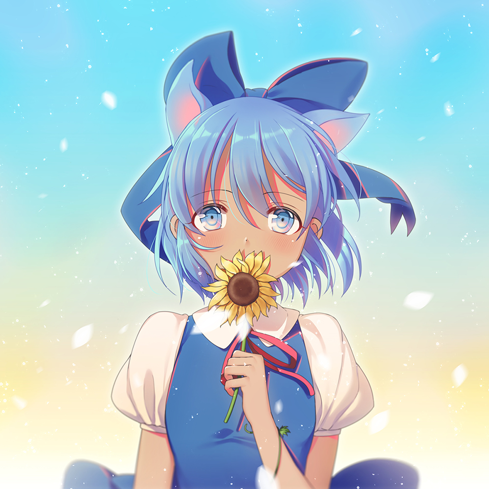 1girl blue_bow blue_dress blue_eyes blue_hair bow cirno covered_mouth dress flower hair_bow kemonomimi_mode looking_at_viewer philomelalilium puffy_short_sleeves puffy_sleeves ringed_eyes short_hair short_sleeves solo sunflower tan touhou upper_body