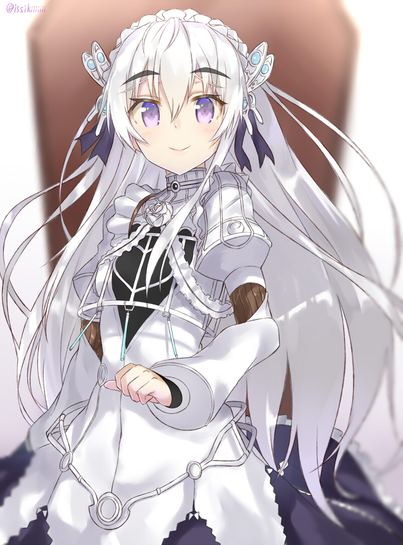 1girl blush breasts butterfly_hair_ornament chaika_trabant coffin dress eyebrows frills hair_ornament hairband hitsugi_no_chaika isshiki_(ffmania7) lolita_hairband long_hair looking_at_viewer silver_hair small_breasts smile solo twitter_username violet_eyes white_hair