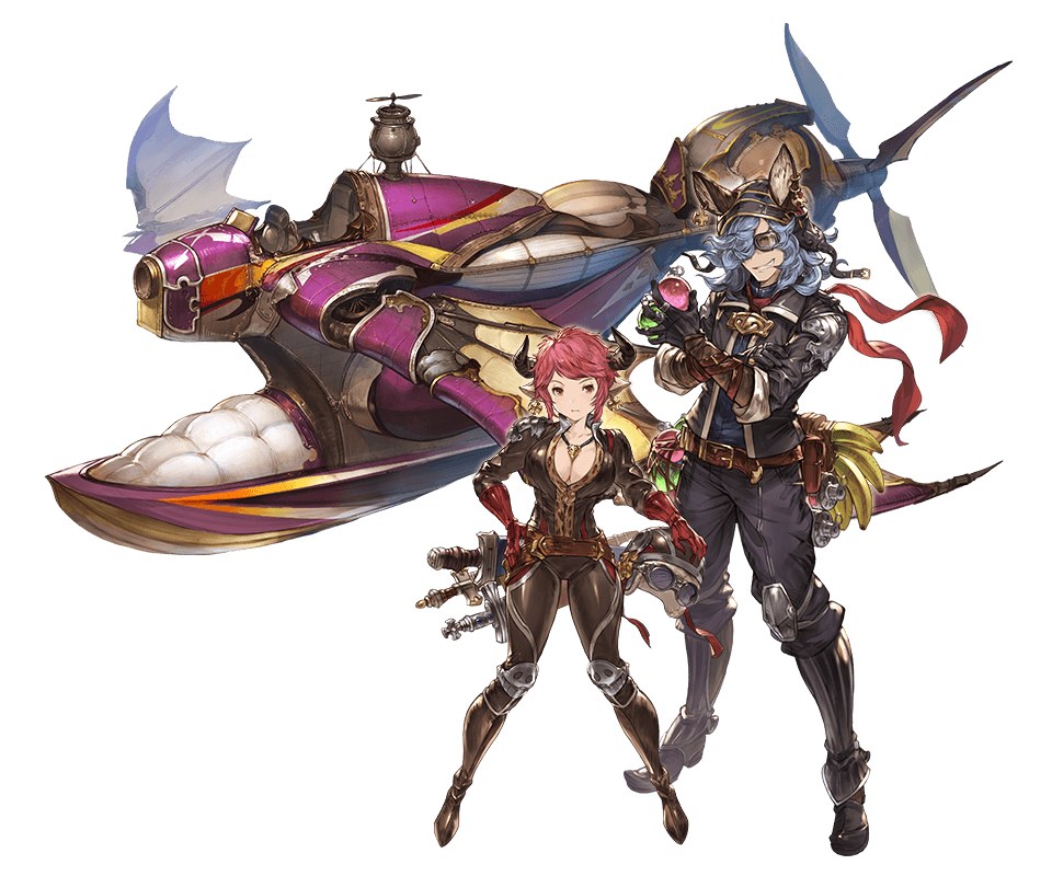 1boy 1girl aircraft animal_ears banana belt blue_hair bodysuit breasts brown_eyes cleavage doraf drunk_(granblue_fantasy) earrings erun_(granblue_fantasy) explosive food fruit gloves goggles granblue_fantasy grenade grin hair_over_one_eye hands_on_hips helmet holster horns jacket jewelry long_hair looking_at_viewer male_focus minaba_hideo necklace official_art pointy_ears racing_suit red_gloves redhead scarf smile solo sturm_(granblue_fantasy) sword transparent_background weapon
