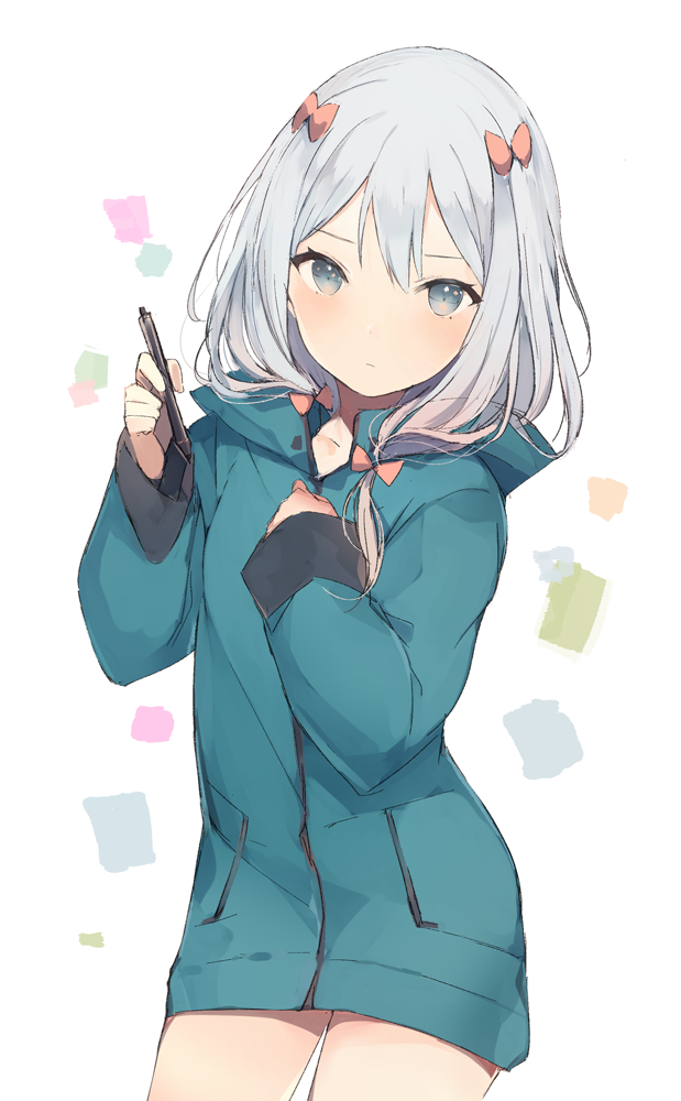 1girl bangs bow closed_mouth collarbone cowboy_shot eromanga_sensei eyebrows_visible_through_hair green_jacket hair_bow hand_on_own_chest hand_up holding holding_pen hood hood_down hooded_jacket izumi_sagiri jacket legs_apart long_hair looking_at_viewer lpip pink_bow silver_hair simple_background solo stylus white_background