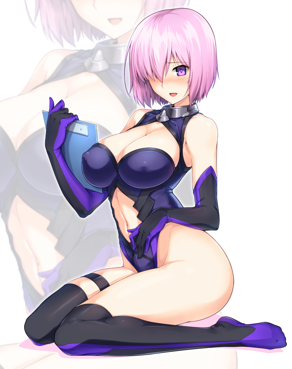 bare_shoulders black_gloves black_legwear blush breasts cleavage clipboard elbow_gloves erect_nipples fate/grand_order fate_(series) full_body gloves hair_over_one_eye harukon_(halcon) highres large_breasts leotard navel navel_cutout open_mouth purple_hair shielder_(fate/grand_order) shiny shiny_hair short_hair sitting violet_eyes wariza zoom_layer