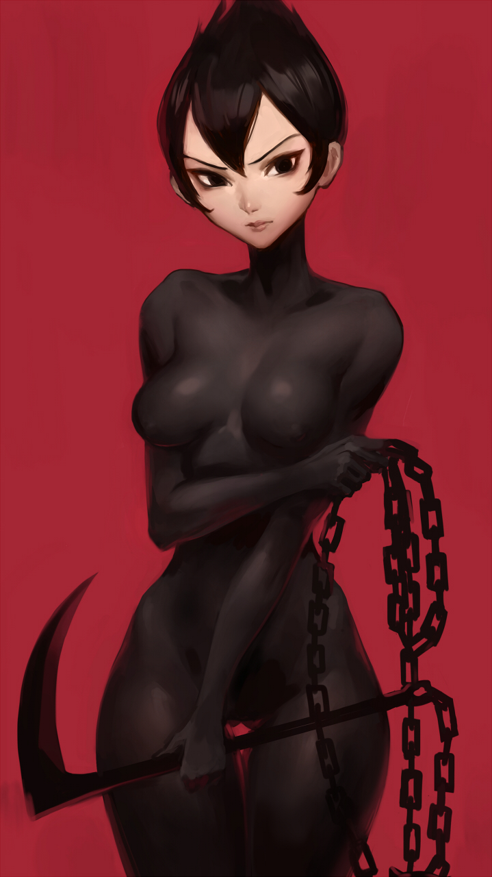 1girl ashi_(samurai_jack) black_eyes black_hair bodypaint breasts chains erect_nipples gluteal_fold highres kusarigama looking_at_viewer medium_breasts oopartz_yang red_background samurai_jack short_hair sickle solo standing thigh_gap weapon widow's_peak