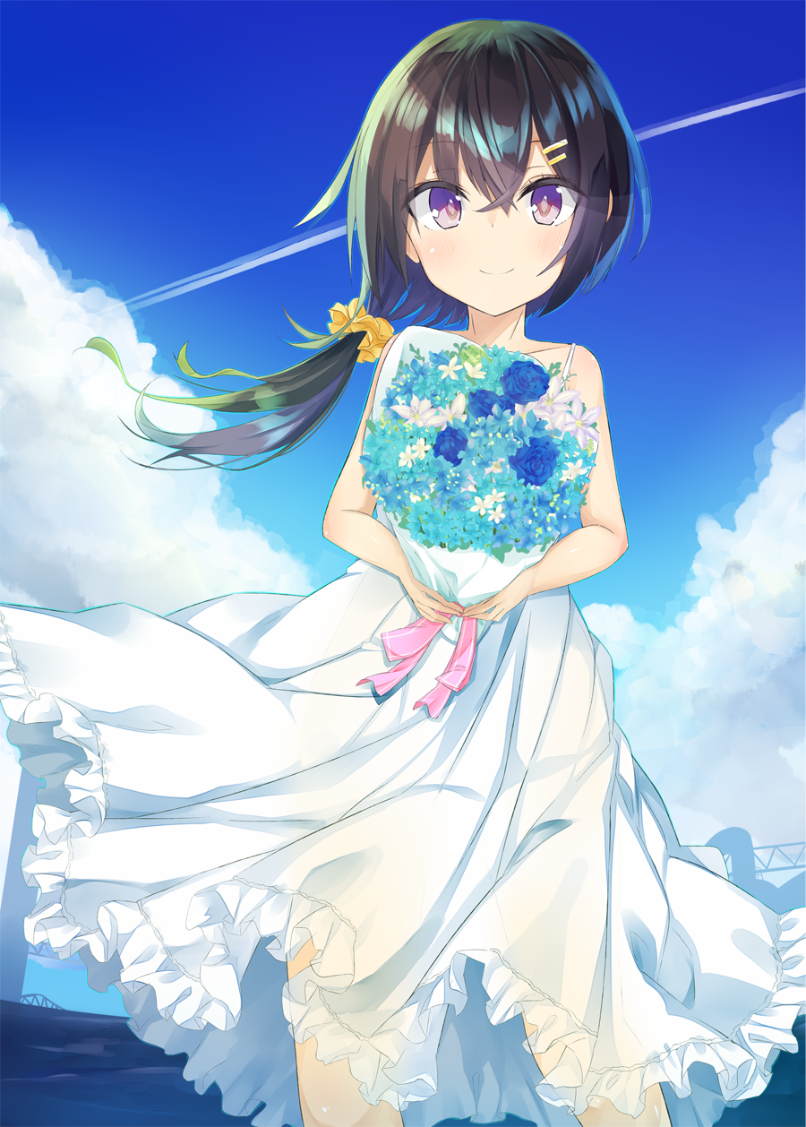 1girl bangs black_hair blue_sky blush bouquet closed_mouth clouds cloudy_sky condensation_trail crossed_bangs day dress eyebrows_visible_through_hair flower hair_between_eyes hair_ornament hair_scrunchie hairclip highres holding holding_bouquet kafuka legs_apart long_hair looking_at_viewer low_ponytail original outdoors scrunchie see-through_silhouette side_ponytail sidelocks sky smile solo spaghetti_strap standing sundress violet_eyes white_dress