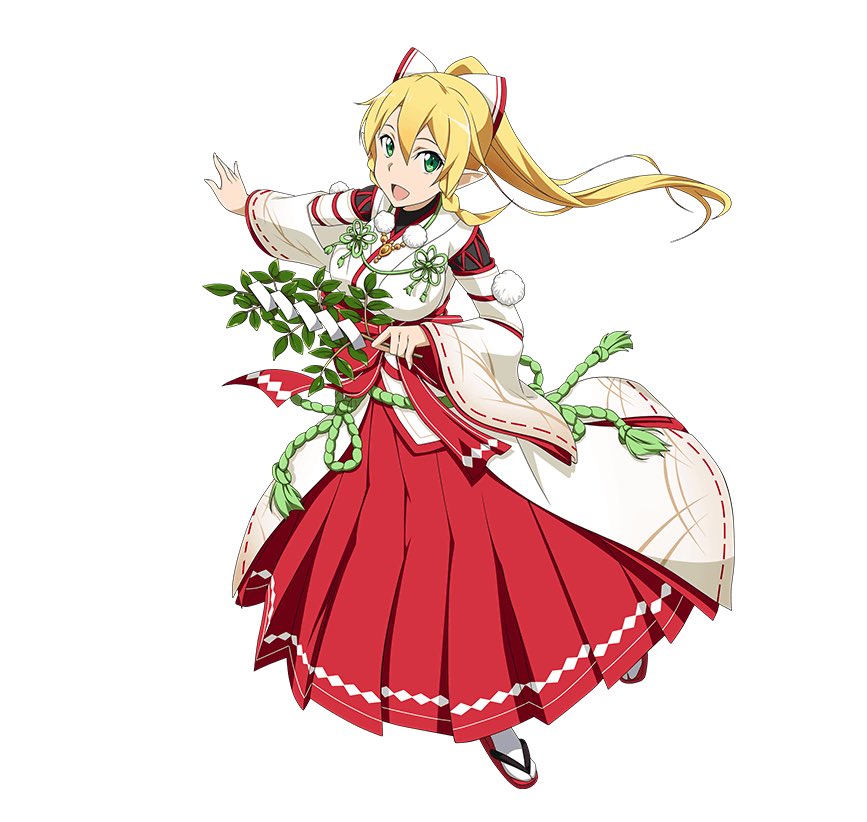 1girl :d blonde_hair bow floating_hair full_body green_eyes hair_bow hakama holding japanese_clothes kimono leafa long_hair looking_at_viewer nontraditional_miko open_mouth pointy_ears ponytail red_hakama simple_background smile socks solo standing sword_art_online white_background white_bow white_kimono white_legwear