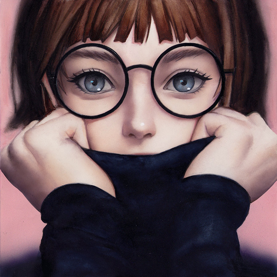 1girl arms_up black-framed_eyewear black_shirt blue_eyes brown_hair commentary covered_mouth eyebrows eyelashes face glasses ilya_kuvshinov_(style) laovaan long_sleeves looking_at_viewer makeup making_of nose original parody photo photo_reference portrait round_glasses shirt short_hair solo style_parody traditional_media turtleneck watercolor_(medium)