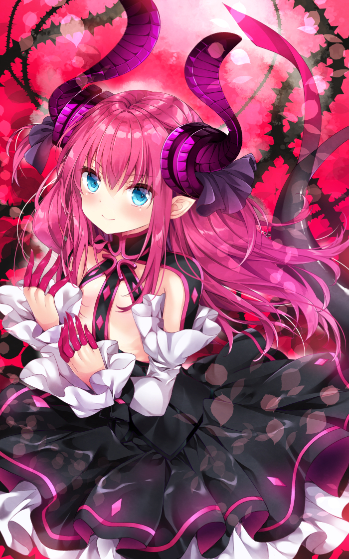&gt;:) 1girl asymmetrical_horns black_dress blue_eyes breasts closed_mouth cowboy_shot curled_horns detached_sleeves dragon_girl dragon_horns dragon_tail dress eyebrows_visible_through_hair fate/extra fate/extra_ccc fate_(series) from_above gradient gradient_background horns lancer_(fate/extra_ccc) leaf_print long_hair long_sleeves looking_at_viewer looking_up nogi_takayoshi petals pink_hair plant pointy_ears shiny shiny_hair sidelocks small_breasts smile solo standing tail thorns tsurime under_boob underboob_cutout upper_body very_long_hair vines