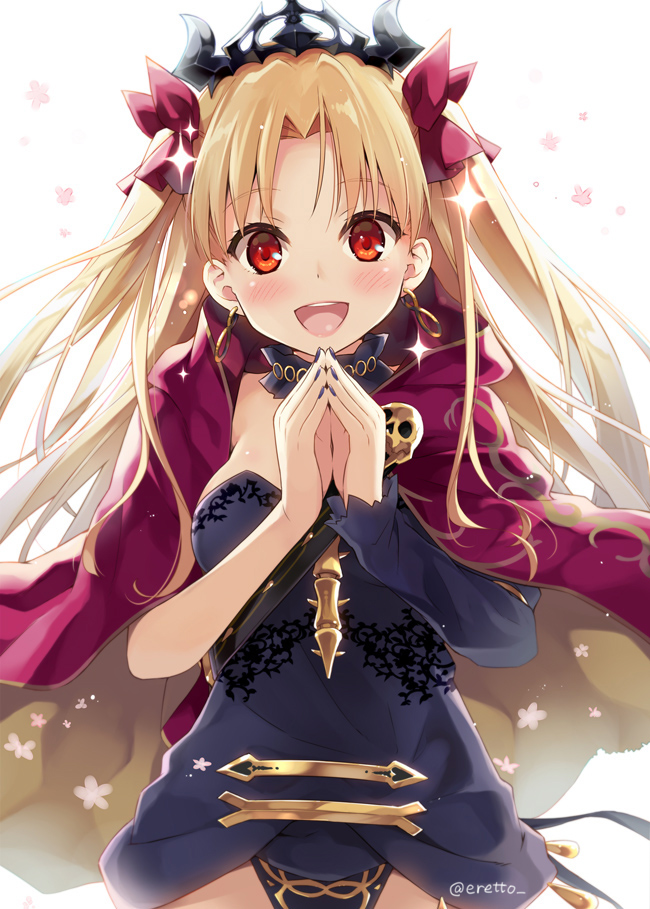 1girl asymmetrical_clothes bangs blonde_hair blush cape earrings ereshkigal_(fate/grand_order) eretto eretto_(style) fate/grand_order fate_(series) hair_ribbon hands_clasped jewelry long_hair looking_at_viewer moe open_mouth own_hands_together red_cape red_eyes red_ribbon ribbon skull smile solo tiara tohsaka_rin twintails two_side_up