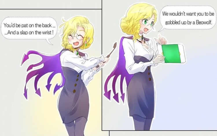 1girl baker_at_bat blonde_hair blouse breasts cape cleavage closed_eyes ellen_baker english glasses glynda_goodwitch green_eyes iesupa medium_breasts new_horizon open_mouth pantyhose parody riding_crop rwby smile solo tablet_pc white_blouse