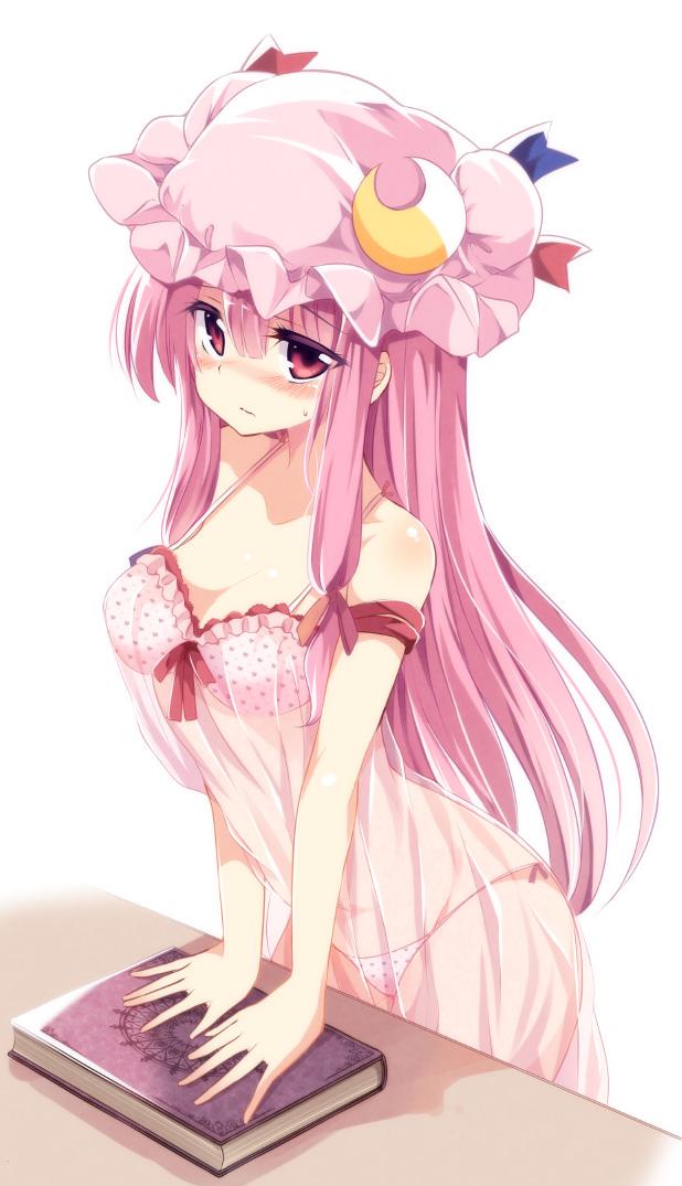 1girl alternate_costume artist_name blush book bow bow_bra bra breasts chemise crescent dress hair_bow hair_ornament hat hat_bow jpeg_artifacts lingerie looking_at_viewer maturiuta_sorato medium_breasts midriff mob_cap navel off_shoulder out_of_frame panties patchouli_knowledge pink_bra pink_panties polka_dot polka_dot_bra polka_dot_panties purple_hair see-through simple_background sleeveless solo sweatdrop touhou underwear violet_eyes white_background