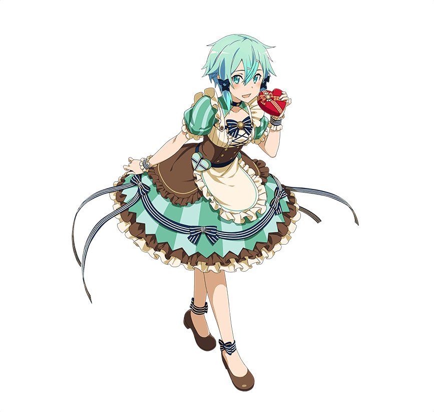 1girl :d ankle_ribbon black_ribbon blue_eyes blue_hair blush choker collarbone dress full_body hair_between_eyes hair_ornament hair_ribbon hairclip heart holding leaning_forward long_hair looking_at_viewer open_mouth ribbon shinon_(sao) short_hair_with_long_locks sidelocks simple_background smile solo standing striped striped_ribbon sword_art_online white_background wrist_cuffs