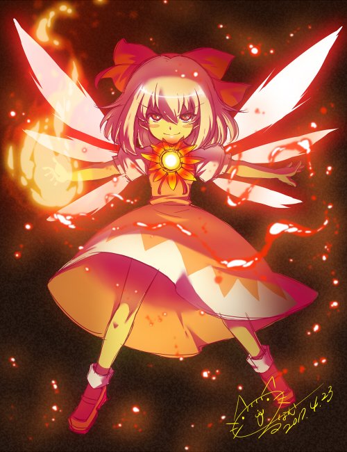 &gt;:) 1girl achi_cirno alternate_color blush_stickers bobby_socks bow cirno commentary_request dated dress fiery_wings fire flower full_body glowing hair_between_eyes hair_bow hidden_star_in_four_seasons looking_at_viewer lunamoon outstretched_arms puffy_short_sleeves puffy_sleeves red_bow red_dress red_eyes red_shoes shoes short_hair short_sleeves signature silver_hair smile smug socks solo spread_arms sunflower touhou white_legwear wings